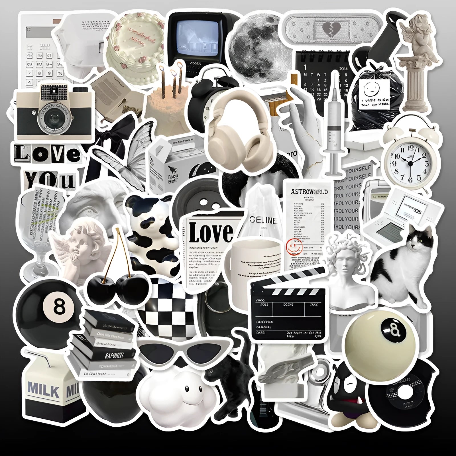 61-piece black and white PVC waterproof sticker pack for laptops, phones, luggage, and sports equipment decoration
