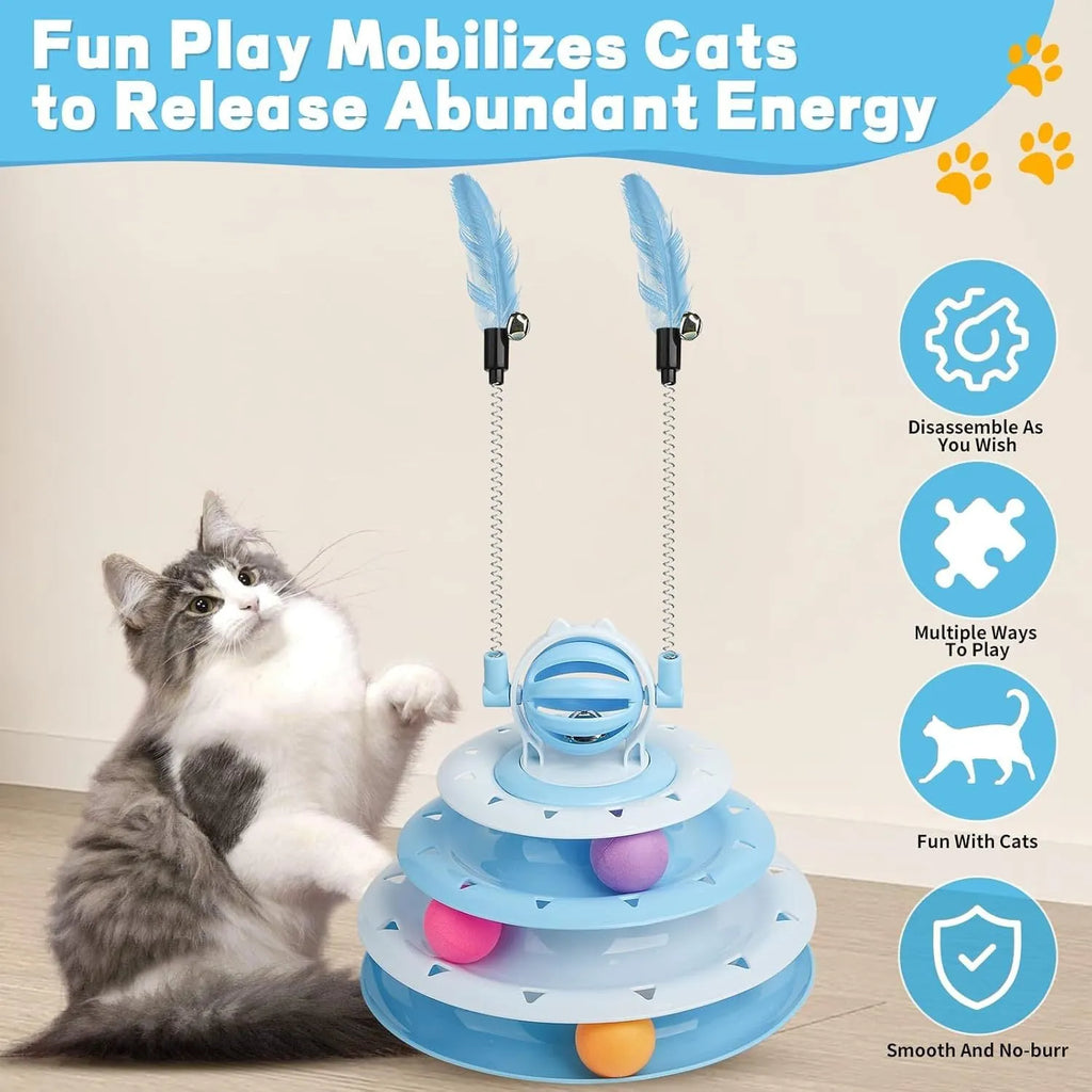 Blue 4-tier interactive cat puzzle toy with balls and teasing rods on a non-slip base.