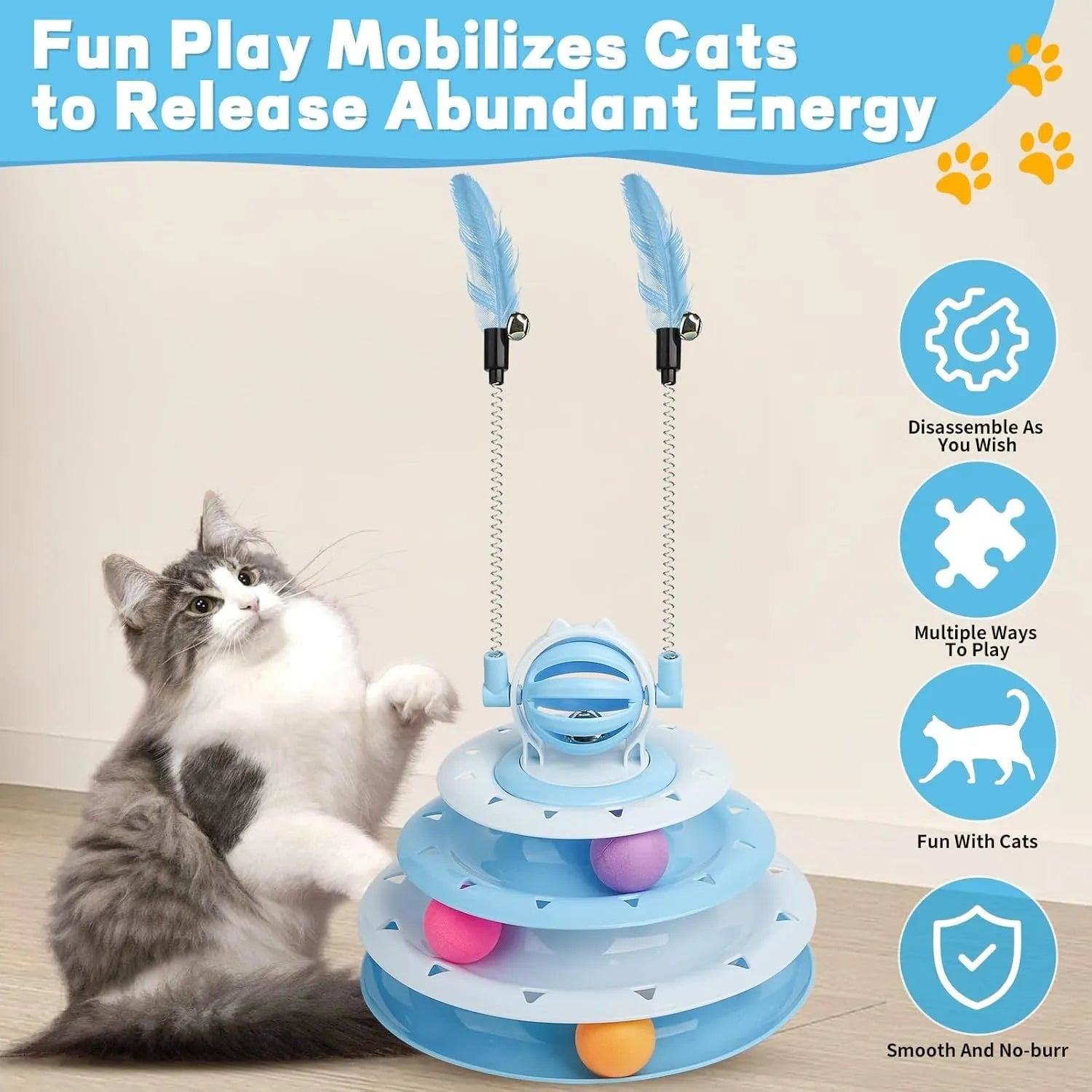 Blue 4-tier interactive cat puzzle toy with balls and teasing rods on a non-slip base.