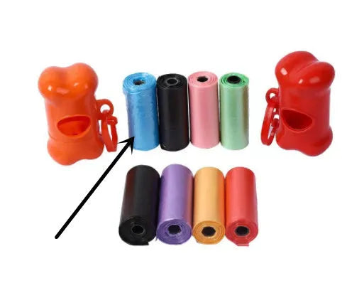 Set of five coloured dog waste poop bags showing black, blue, red, green, pink, and purple options.