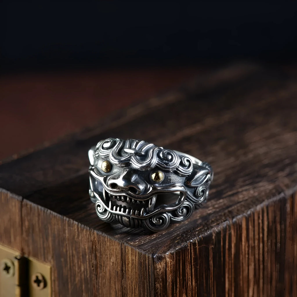 Silver open ring with Jibeast pattern and animal zodiac design in retro style