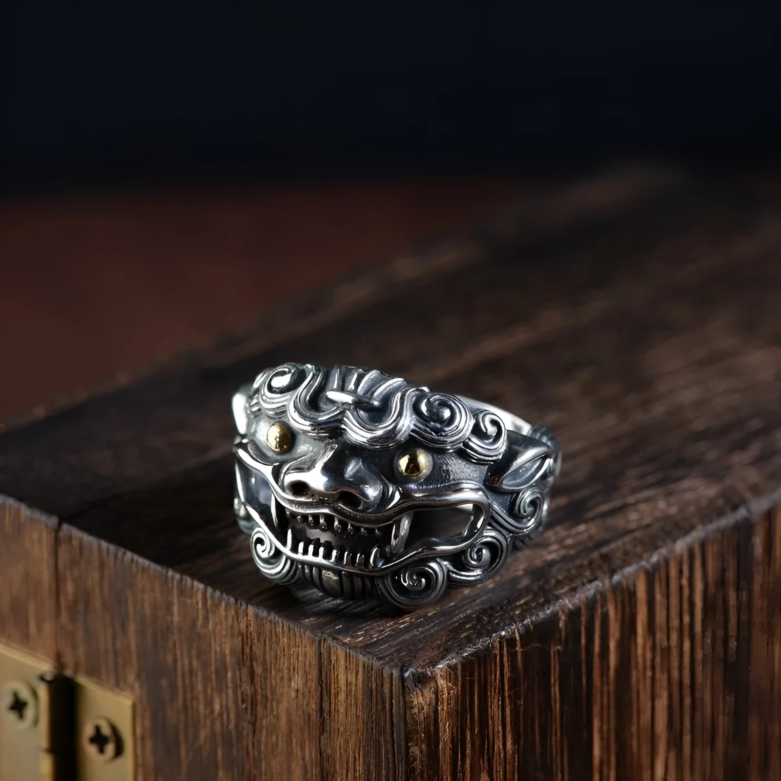 Silver open ring with Jibeast pattern and animal zodiac design in retro style