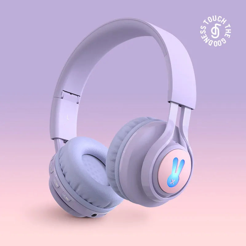 Wireless children's headphones with RGB lights in bunny purple colour.