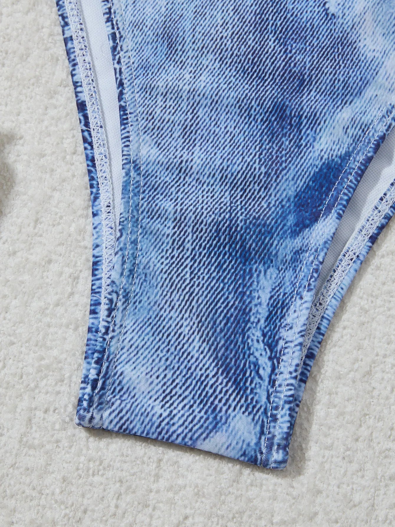 Women's denim blue printed bikini swimsuit with adjustable straps