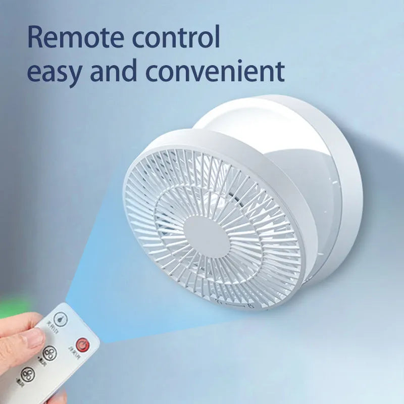 White portable rechargeable folding fan with remote control and warm night light on a desk