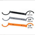 Three-piece wrench set showing orange, grey, and black wrenches with magnetic crescent and catheter locking types