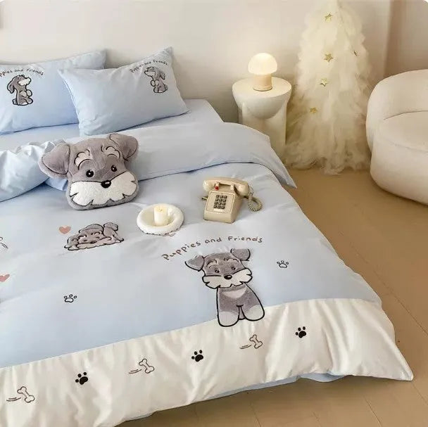 Cartoon Schnauzer bedding set with embroidered patterns showing quilt cover, sheet, and pillowcases