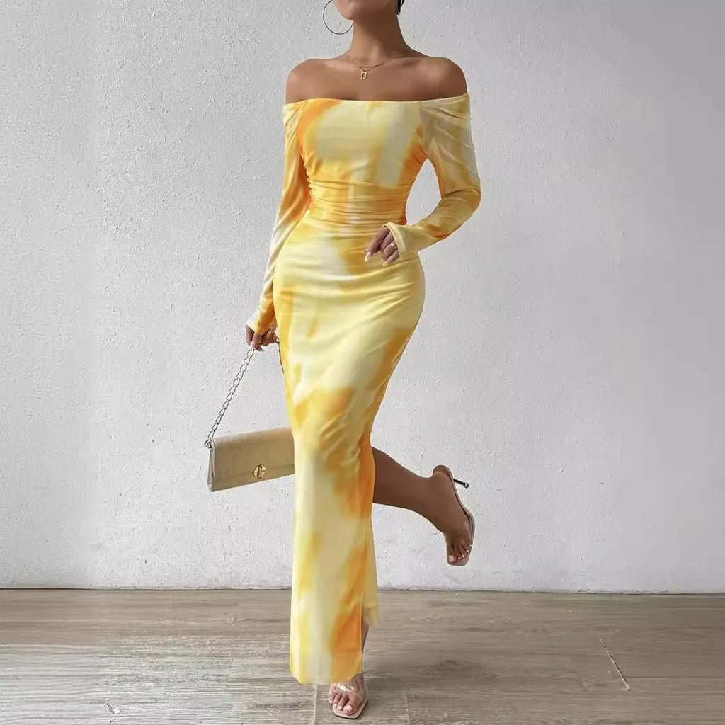 Long gradient print fishtail dress with square collar, shown in one of eight colour options.