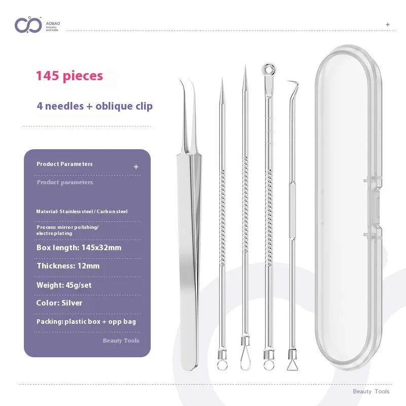 Four metal acne needles with ultra fine pointed tips for blackhead removal and skincare treatment
