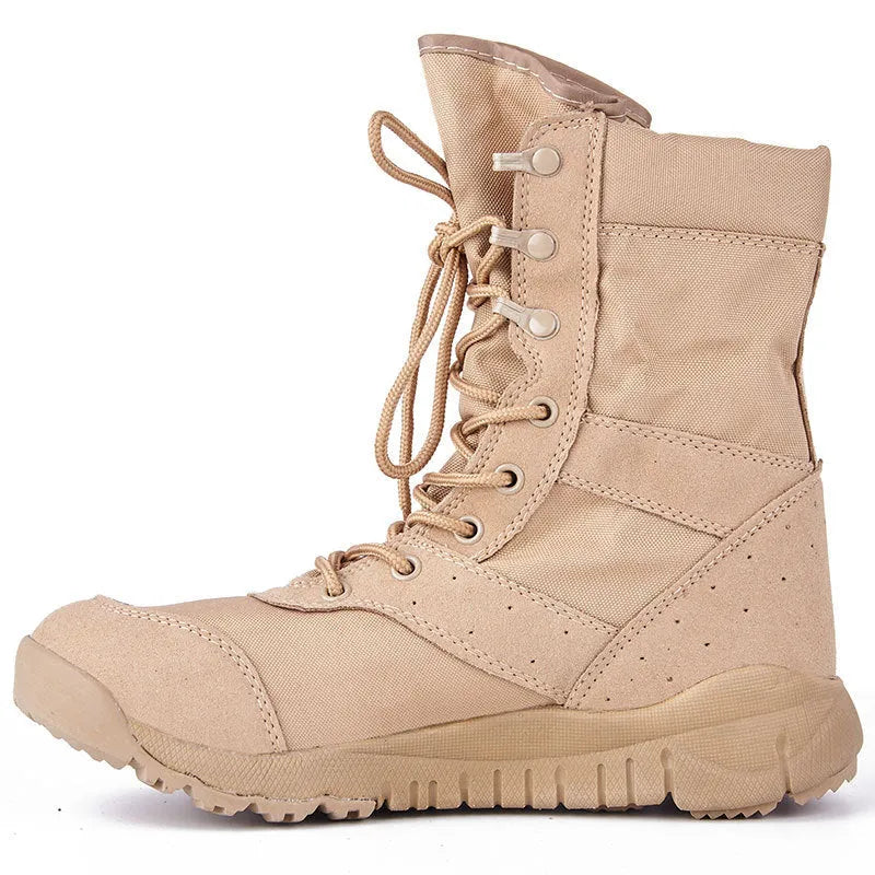 Yulong combat tactical desert boots in black and sand colour on a rocky outdoor background.