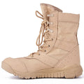 Yulong combat tactical desert boots in black and sand colour on a rocky outdoor background.