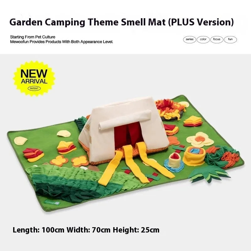 Themed fabric dog sniffing mat for interactive enrichment and food hiding