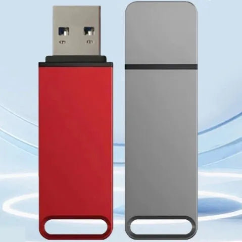 Customisable metal USB flash drive in black, red, or silver showing high capacity options up to 16TB.