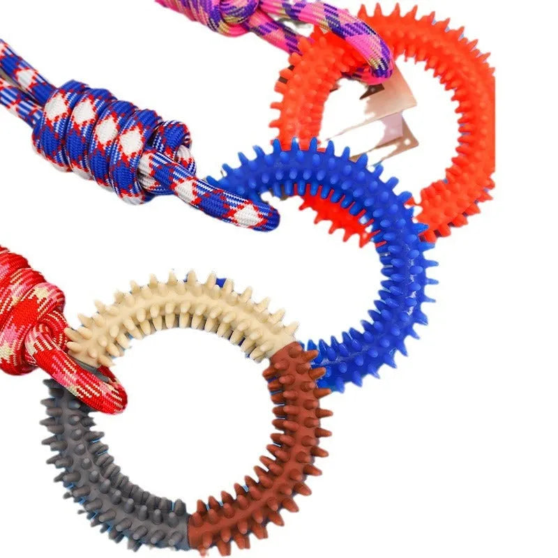 Colourful braided rope dog toy with knots, 43 cm long, for puppies and small dogs
