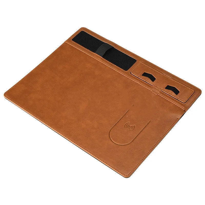 Wireless charging mouse pad with phone holder in black, brown, grey, or pink colours