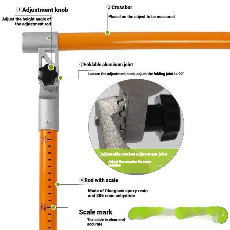 Telescopic truck height measuring rod extended to full height with clear measurement scales visible