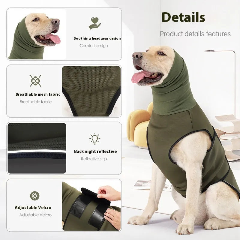Polyester dog anti-anxiety jacket in army green or dark blue colour options