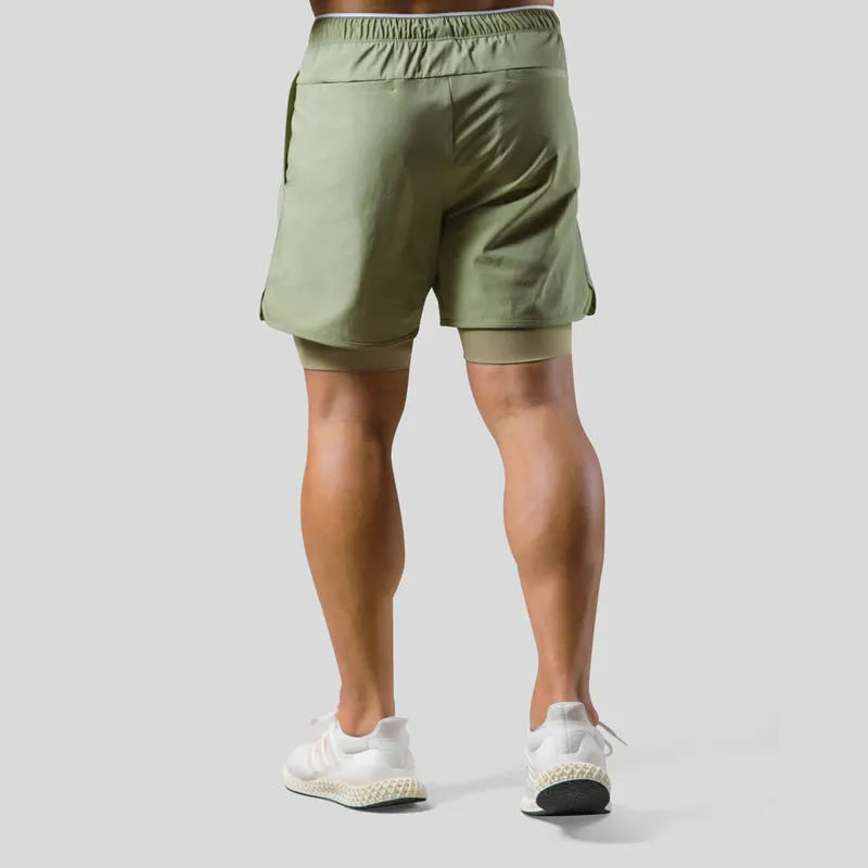 Men's double layer running shorts in light slate green with polyester lining, Asian sizes M-XXXL