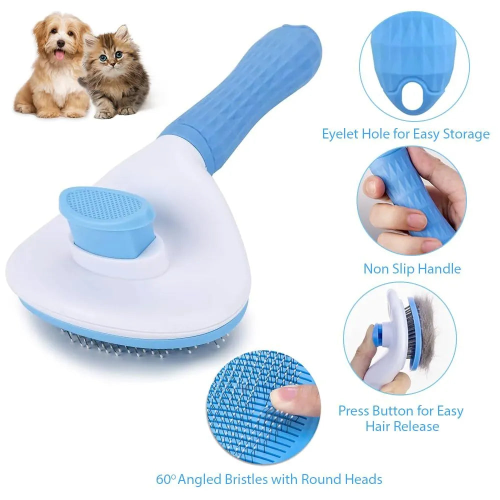 Blue cat grooming brush with a release button and fine wire bristles for removing loose hair.