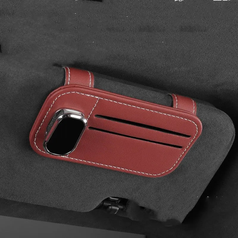 Cowhide leather automotive sun visor card holder with glasses clip in various colours.