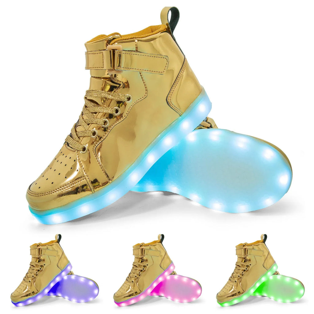 High-top LED light shoes with Velcro strap and rechargeable lights in multiple colours.