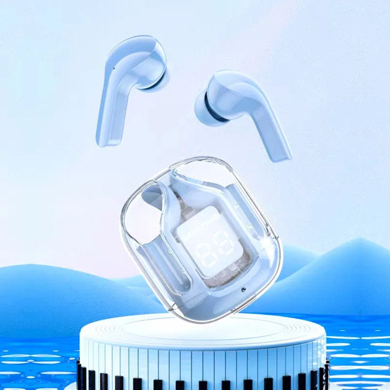 Transparent space capsule case containing true wireless Bluetooth headphones with a digital display screen.