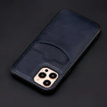 Dark blue PU leather protective case for various iPhone models on a table.