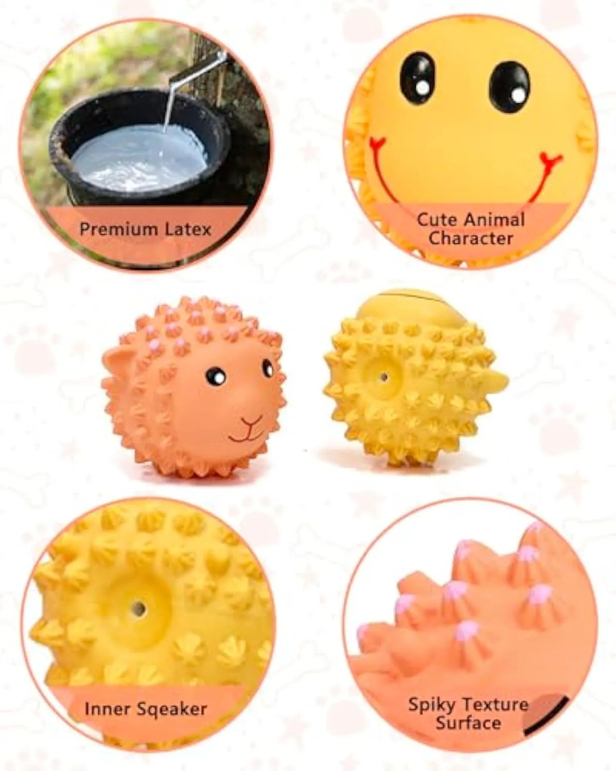 Orange and yellow spiky latex squeaky dog toys shaped like animals for teeth cleaning