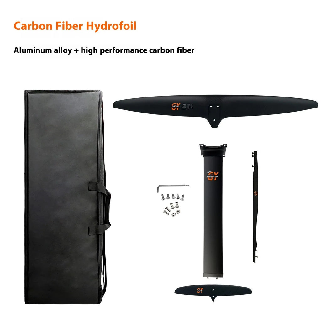 Black carbon fibre and aluminium alloy surfing hydrofoil with 1051mm front wing