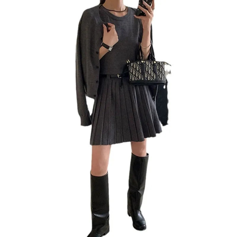 Women's grey art retro knitted two-piece set featuring vest skirt with belt and long-sleeved cardigan