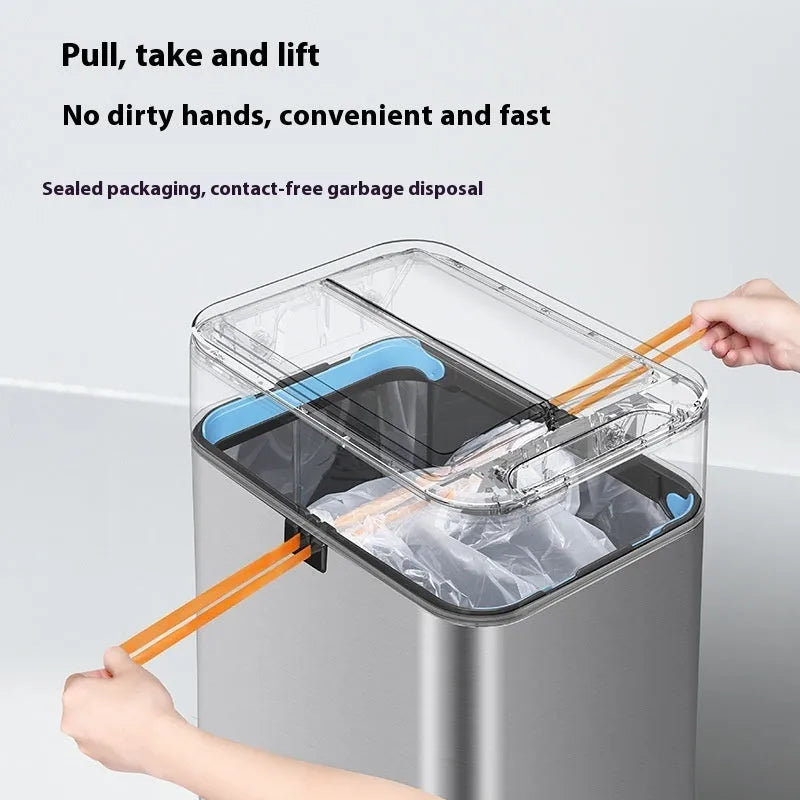 Stainless steel inductive smart trash can with square design and 26+ litre capacity