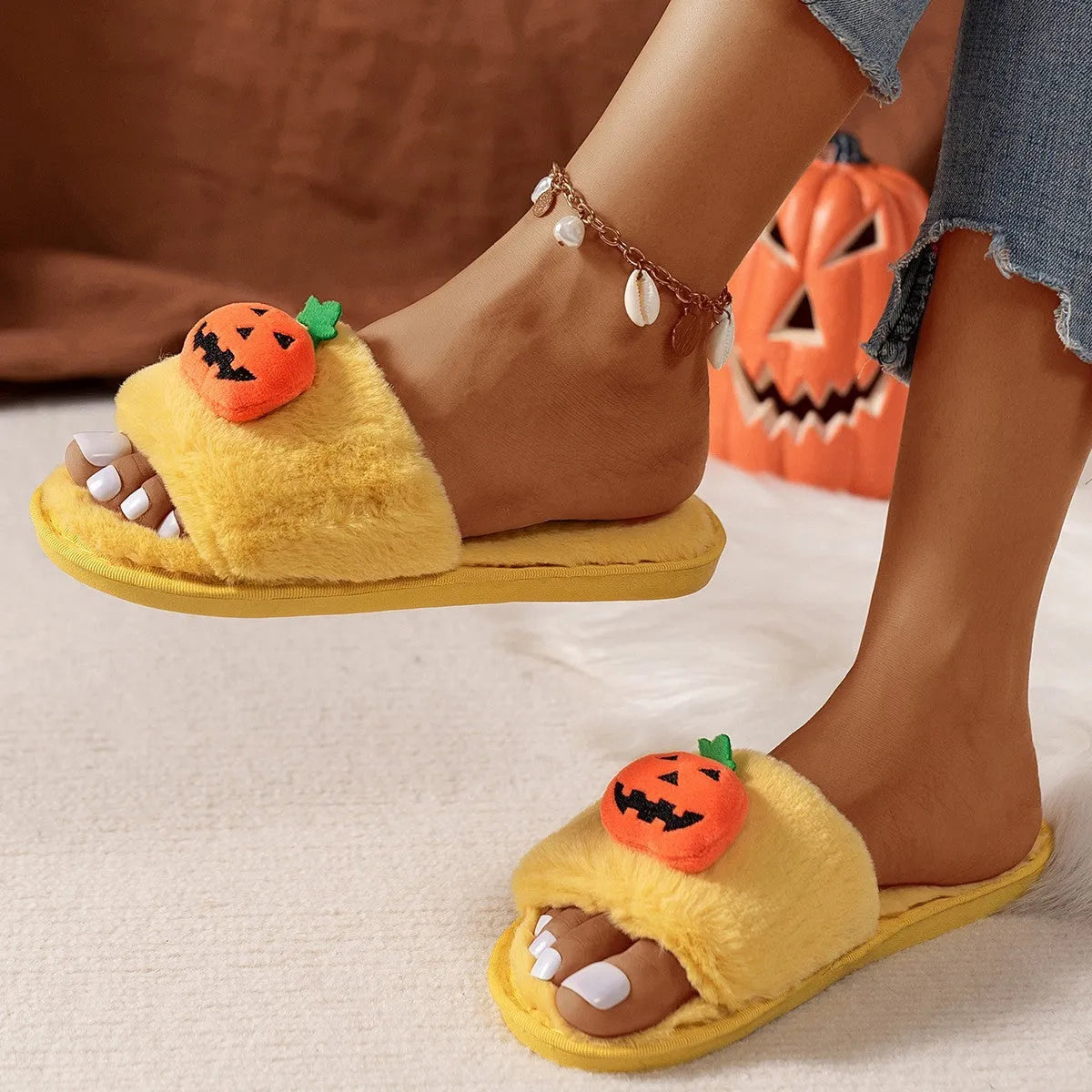 Yellow Halloween pumpkin cartoon design open-toe plush slippers with synthetic fur
