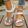 White women's high heel sandals with a Velcro strap closure on a rubber sole.