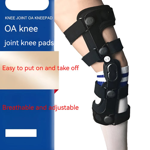 Black anterior ligament knee pad with visible straps and metal splints on a white background.
