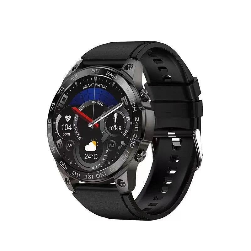 Bluetooth sports watch with round AMOLED screen and silicone strap in black colour