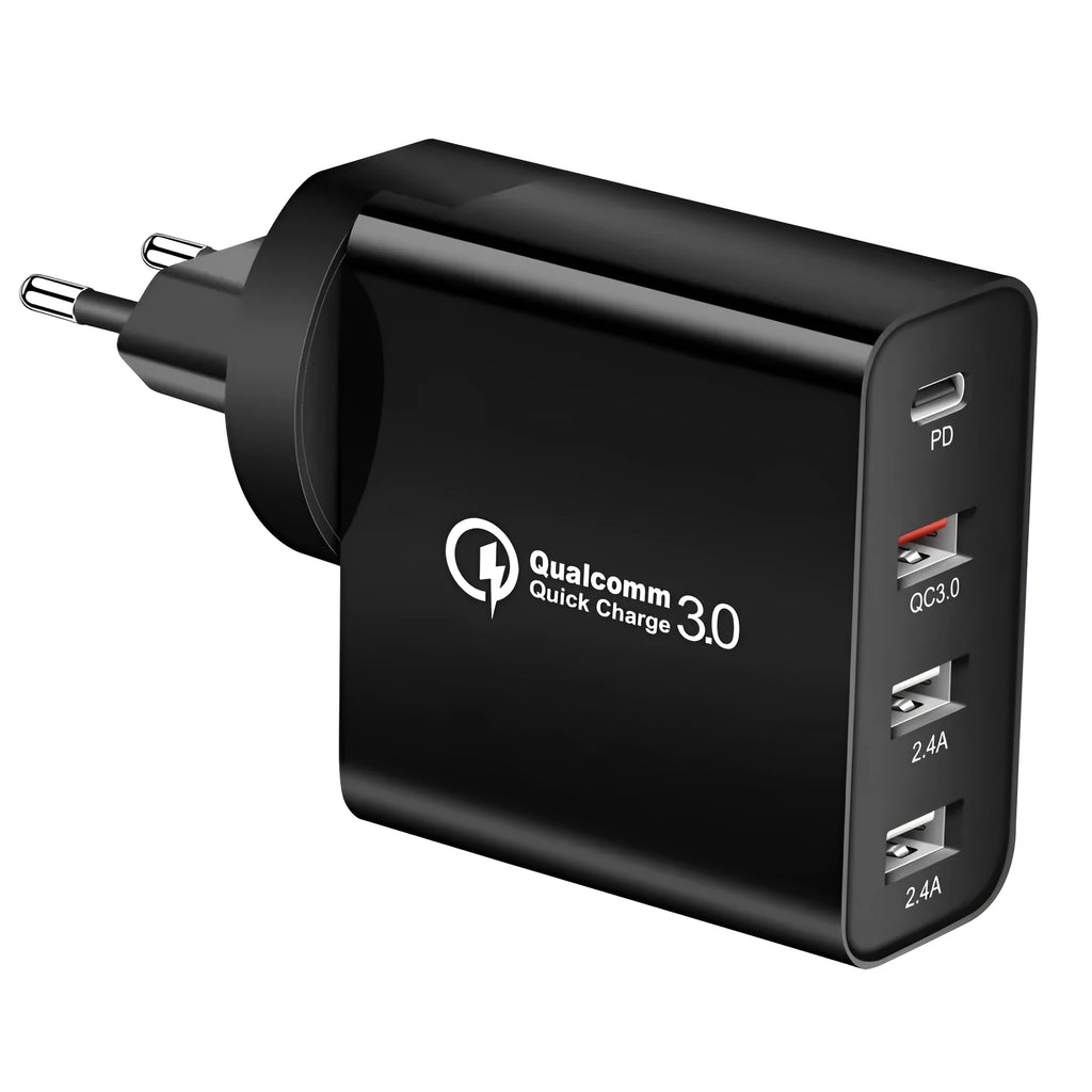 White multi-port USB fast wall charger with PD and QC support showing several device cables plugged in.