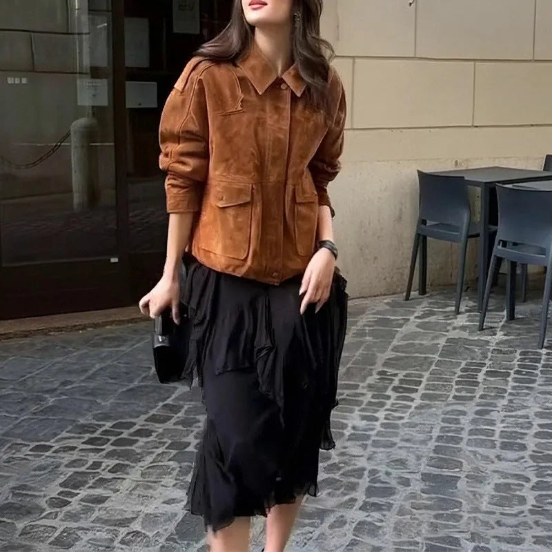 Women's brown suede-style coat with regular sleeves and street chic design