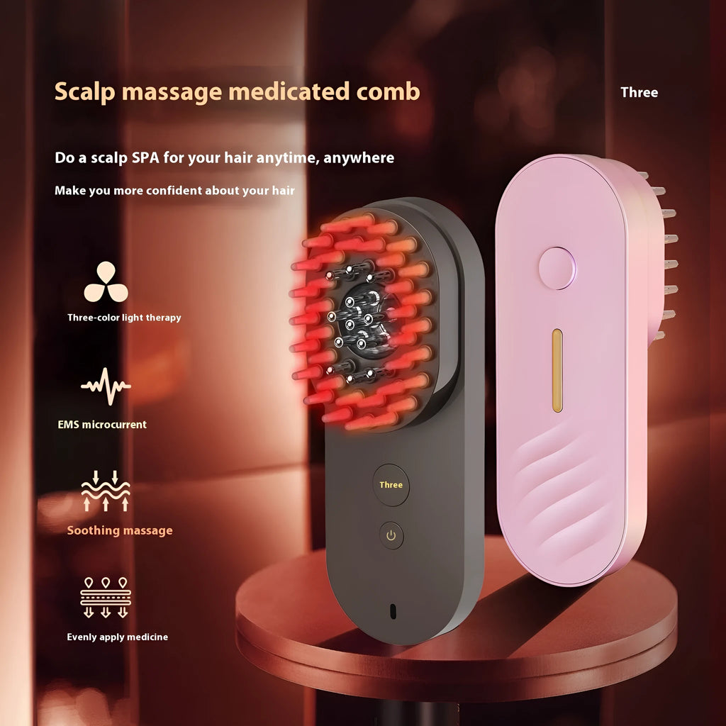 Smart red light massage comb in black or pink colour, compact handheld design