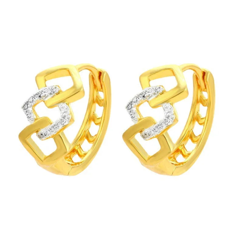 Geometric hollow-out gold electroplated ear clip earrings showing colour separation detail