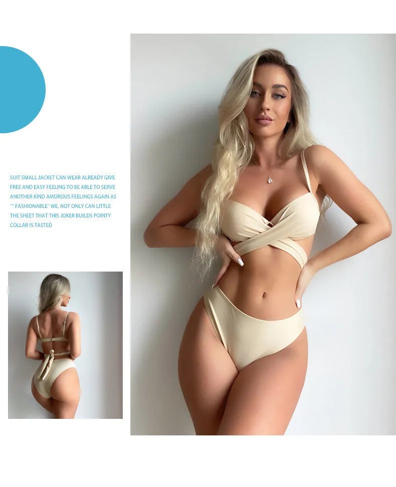 Backless push-up bikini three-piece set with matching skirt in solid colour