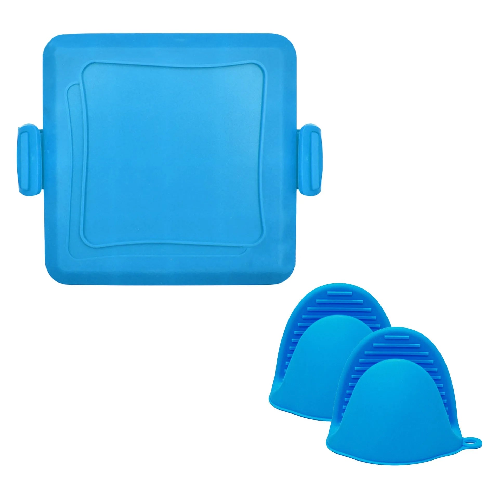 Red silicone baking tray with matching oven gloves set on kitchen counter