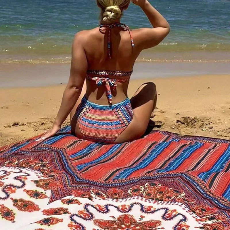Women's three-piece swimsuit set showing high-waisted briefs, sleeveless blouse and cover-up coat in matching colour