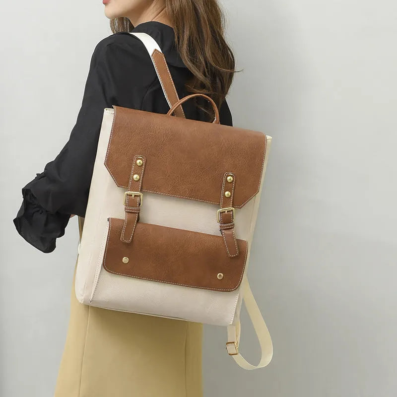 Korean style retro backpack in brown colour showing ventilation back panel and soft PU construction