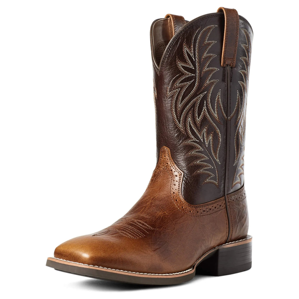 Men's black and brown Western cowboy boots with high embroidery stitching and wide square toe.