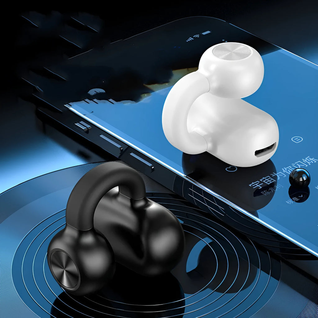Black wireless Bluetooth clip-on bone conduction earphones with charging cable