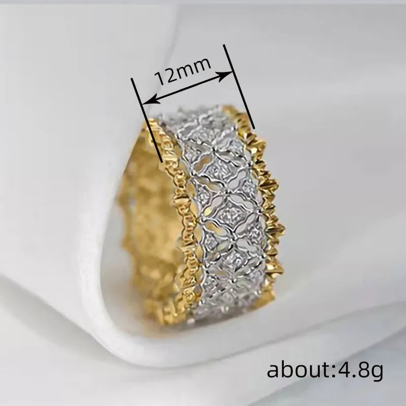 Gold geometric women's copper ring with two-tone electroplated finish and round decorative elements.