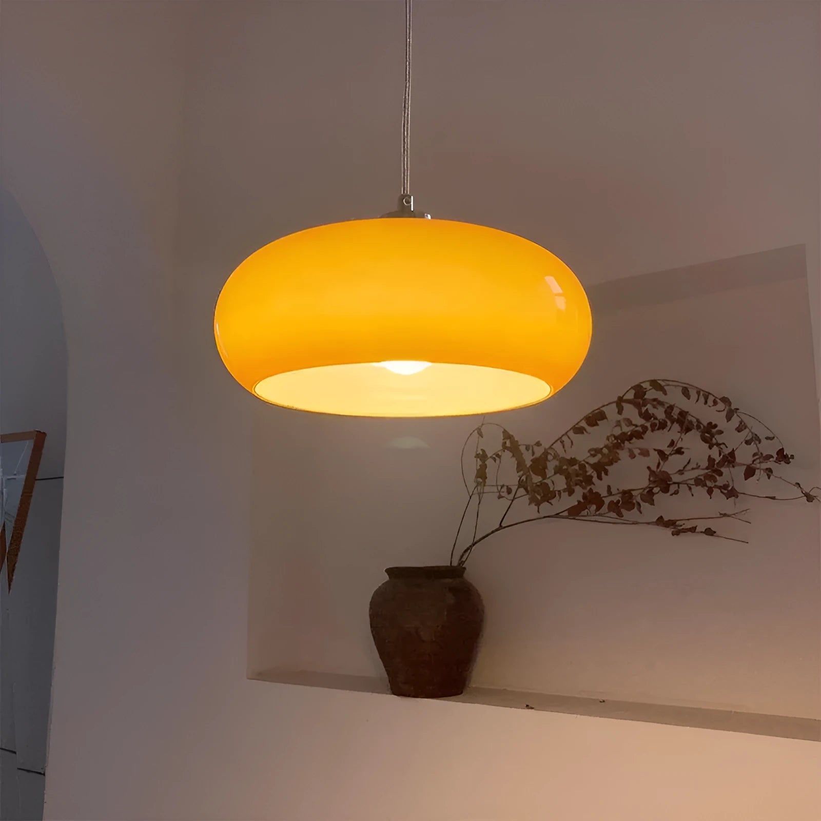 Bauhaus retro style glass pendant ceiling light with three egg tart shaped shades in milk white finish.