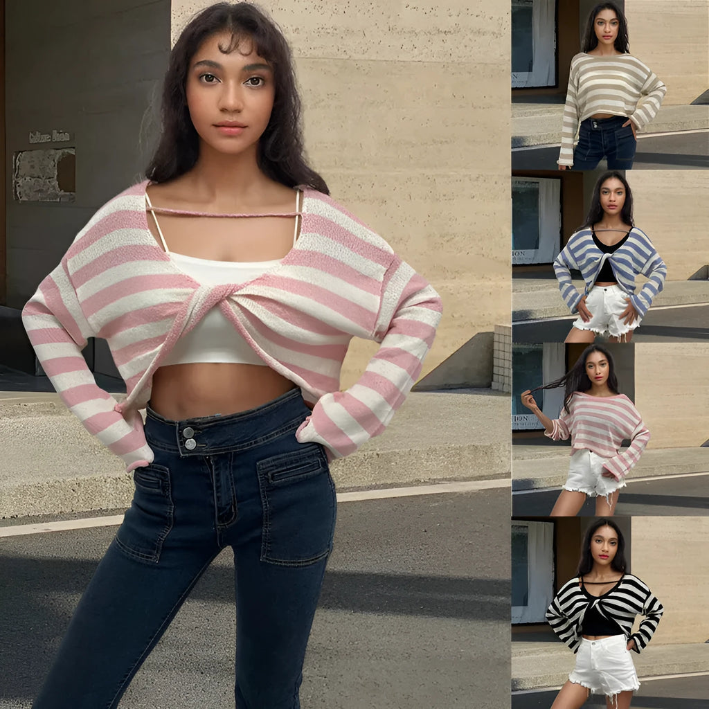 Striped long-sleeved pullover sweater in mercerised cotton, shown in blue with an exposed navel design.