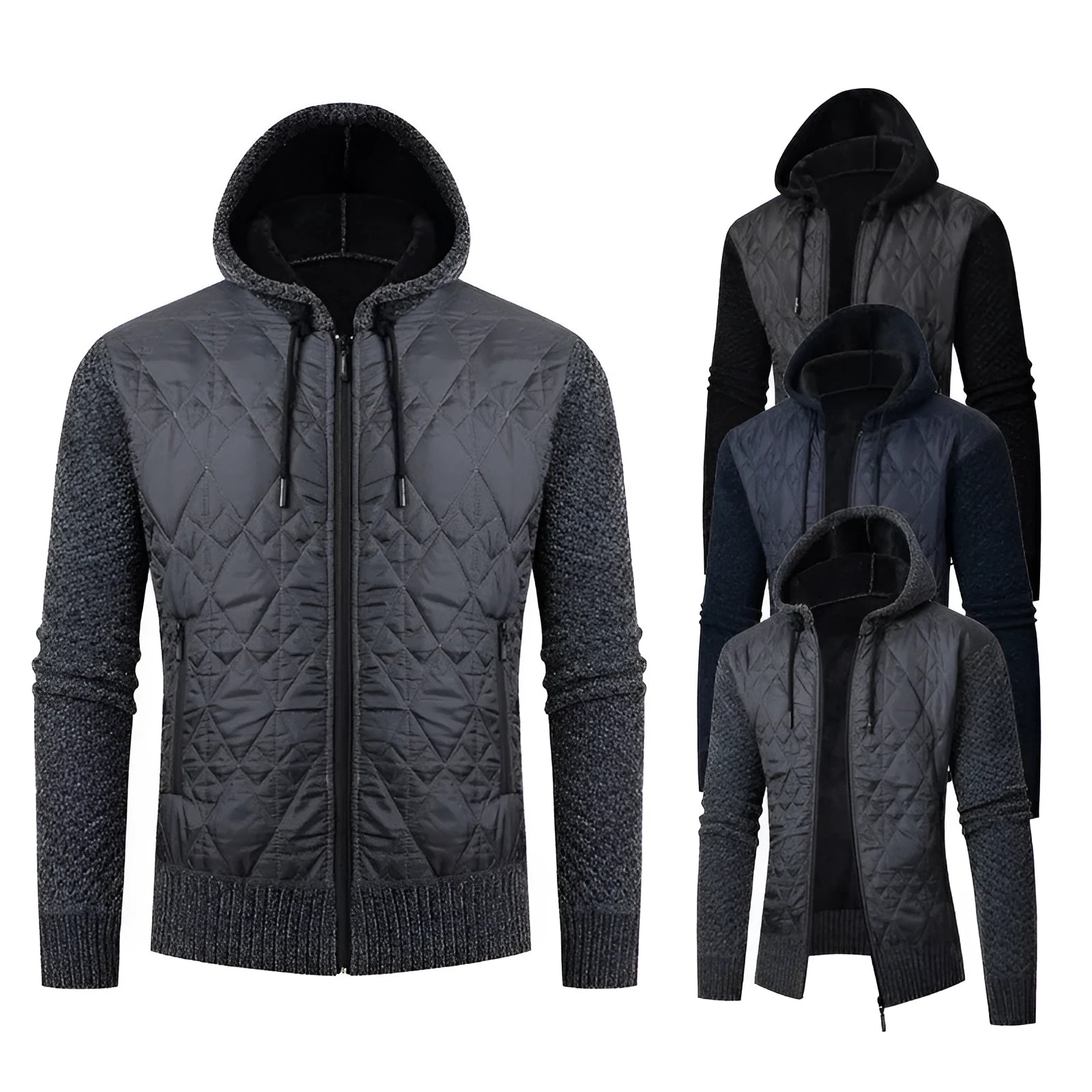 Men's gray corduroy hooded sweater coat with cinched waist worn as winter outerwear