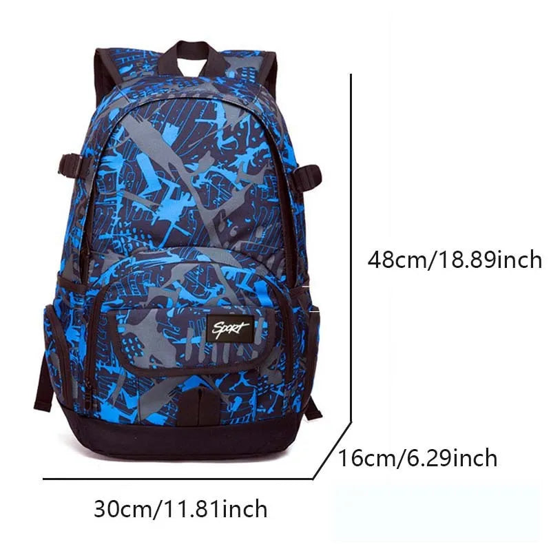 Classic blue nylon backpack with large main compartment and adjustable straps.